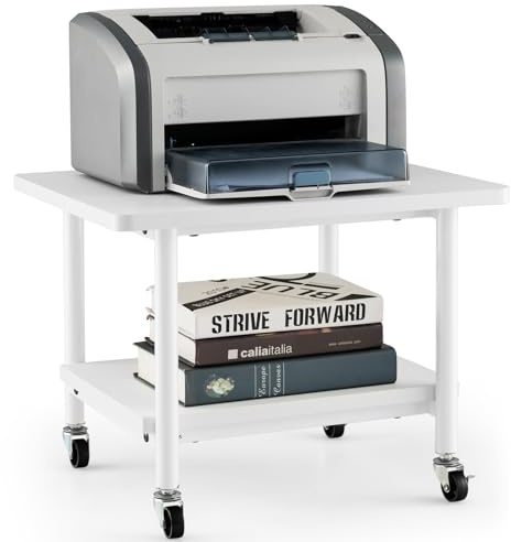 COSTWAY Druckertisch mit Rollen, Druckerständer mit feststellbaren Rädern, Druckerwagen mit 2 Ebenen, Druckerablage Druckerregal Druckerhalter für Büro, Fax, 49 x 40 x 38 cm (Ganzweiß)