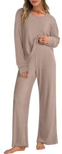 Joligiao Ensemble de Pyjama Femme Chic et Elegant à Manches Longue Ensemble de Vêtements de Détente 2 Pièces Vêtement de Nuit Côtelé Vêtement d'Intérieur Pantalon à Taille Élastique(Kaki,L)