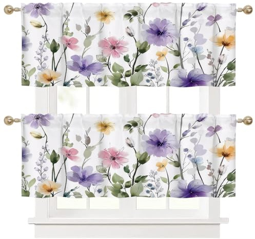 Ausing Lila Floral Küchenvorhang Set von 2 Vintage Dekor Kurzer Vorhang für kleines Fenster Kinderzimmer