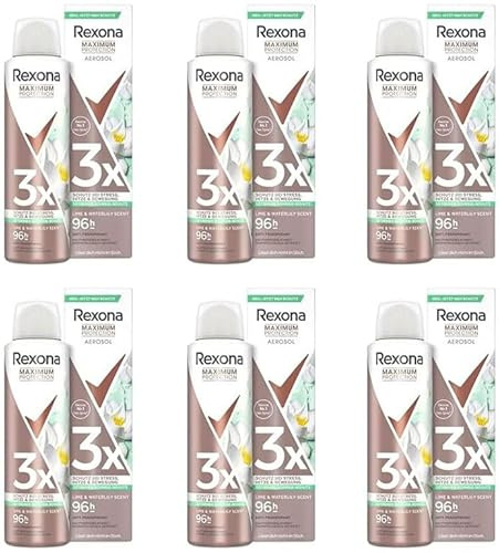 6x Rexona Maximum Protection Deospray Lime & Waterlily Scent Antitranspirant mit 96 Stunden Schutz vor Schweiß und Körpergeruch 150 ml (6er Pack)