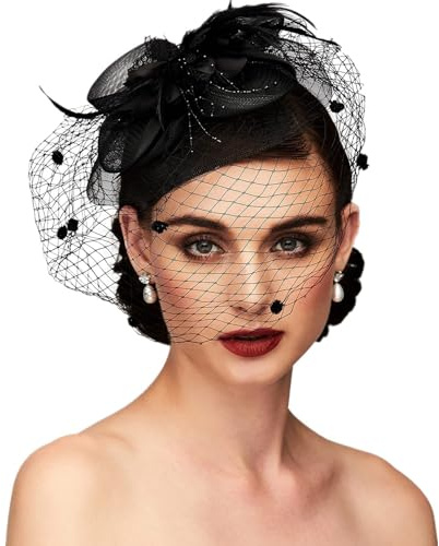 OuryTech Dam Fascinator, Karneval Kostum Dam, Svart Veil Mesh Headband 20er Years Birdcage Veil, Hochzeits Tea Party Fascinator Schleier För Kvinnor (Typ C)