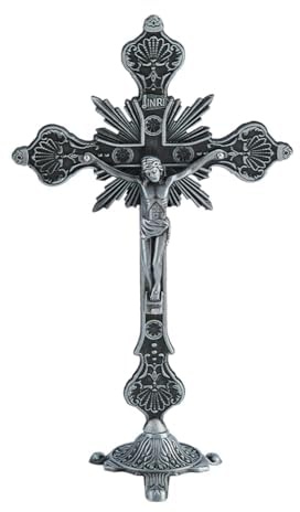 DICOSMETIC 1Set Metal Jesus Crucifix Table Cross Crucifix Standing Christian Cross 5.71x2.89x9.65 Inch Antique Silver Black Catholic Table Crosses with Stand for Home Decor