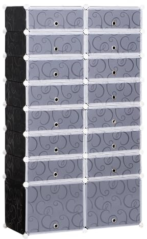 HOMCOM Schuhboxen 16er Set Schuhkarton stapelbar Schuhorganizer Schuhaufbewahrung Aufbewahrungsboxen Regalsystem mit Tür, Schwarz + Weiß