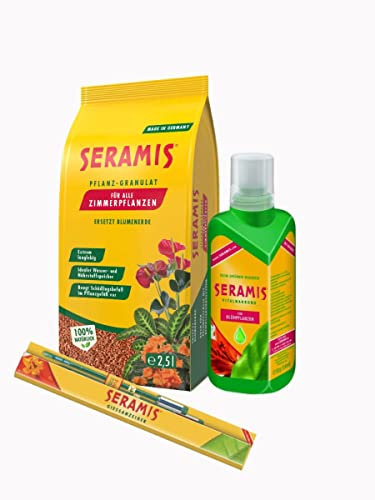 Pflanzgranulat für Zimmerpflanze 2,5 l & Seramis Vitalnahrung Blühpflanzen 500 ml & Gießanzeiger (2er Set)