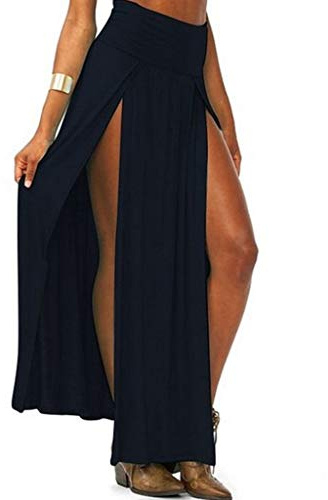 lijun Femmes Taille Haute Sexy Double Fente Devant Tricot Ouvert Maxi Jupe Longue Couleur Unie plissé Ourlet irrégulier Robe de Plage Bikini Couvrir