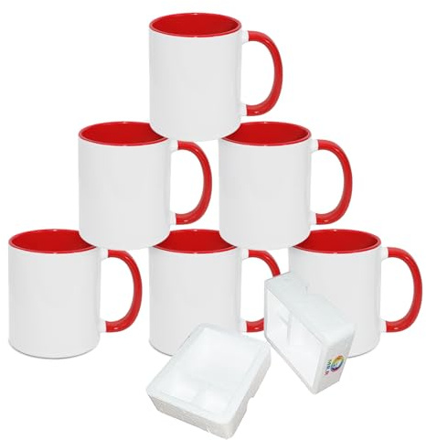 MR.R Lot de 6 blancs de sublimation Lave-vaisselle Tasse en céramique blanche avec poignée intérieure Couleur ROUGE Poignée ronde 11 oz pour impression par transfert de chaleur