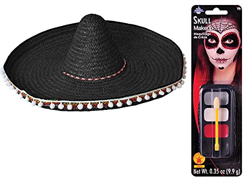 Sombrero Hut mit Totenkopf-Motiv, schwarzer Stroh, für Halloween, Horror-Party, Verkleidung