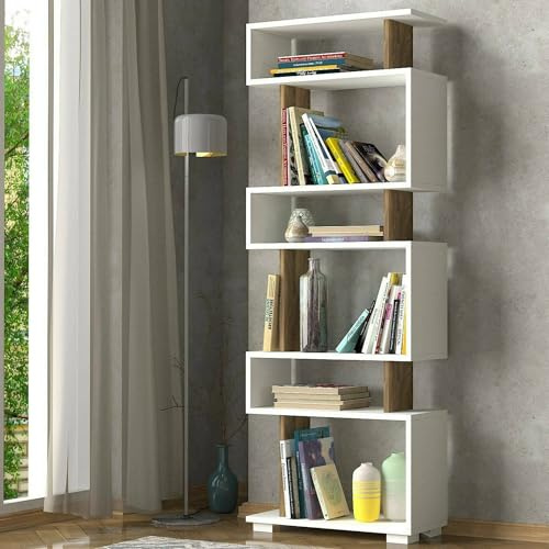 Dmora - Bibliothèque Panopea, Etagère de Bureau, Porte-Livre Mobile, Librairie, 60x20h165 cm, Blanc et Noyer