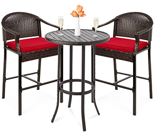 Best Choice Products 3-Piece Patio Bar Table Set, Outdoor Wicker Bar Height Bistro Furniture for Backyard, Poolside, Balcony w/Barstools, Cushions, Steel Frame – Brown/Red