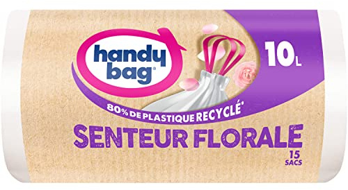 Handy Bag - Sacs poubelle salle de bains à poignées coulissantes senteur florale 10L x 15 sacs - Adapté aux petites poubelles - Étanchéité maximale - Fond anti-fuite - 100% plastique recyclé