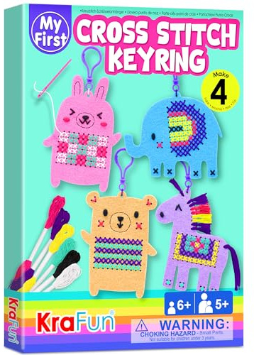 KRAFUN Kit Punto Croce Animali per Bambini 5-13 Anni, 4 Progetti Portachiavi (Unicorno, Orso, Elefante, Coniglio), Feltro, Istruzioni, Giocattolo Educativo