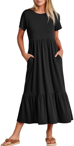 ANRABESS Womens 2025 Summer Casual Maxi Dress A line Tiered Flowy Short Sleeve Crewneck T Shirt Beach Travel Long Dresses Black X-Large