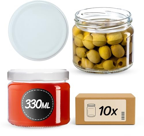 KADAX 10 vasetti per conserve con coperchio a vite, vasetti per marmellata 330ml, vasetti per conserve per marmellate, confetture, miele, vasetti con chiusura a vite (Bianco)