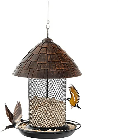COSTWAY Vogelfutterhaus zum Aufhängen, Vogelfutterspender aus Metall, Vogelfutterstation Wetterfest, Futterstation Hängend, Futterhaus für Vögel Wildvögel, für Garten, Balkon, Braun