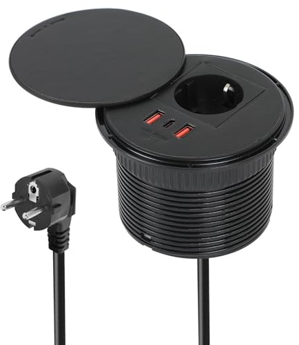 MENAYODA Inbyggt uttag med lock, bordsuttag med 1 Schuko och 1 USB-A-anslutning och 1 USB-C-anslutning och 1,5 strömkabel, uttag för 80 mm bordshål (svart)
