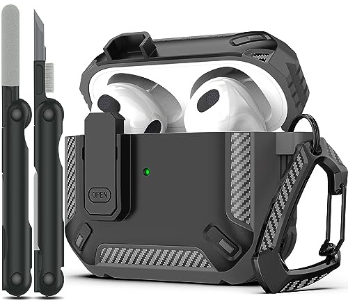 RFUNGUANGO Kompatibel mit AirPods 3 hülle Schutzhülle mit Reinigungsset, militärische Hartschalen-Schutzhülle mit Schloss Kompatibel mit AirPod Gen 3 Ladehülle 2021,Grau