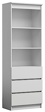 VBChome Standregal 60 x 180 x 35 cm Weiß Büroregal mit 3 Fächern 3 Schubladen Bücherregal Bücherschrank Holzwerkstoff Mehrzweckschrank für Flur Schlafzimmer Wohnzimmer Weiß