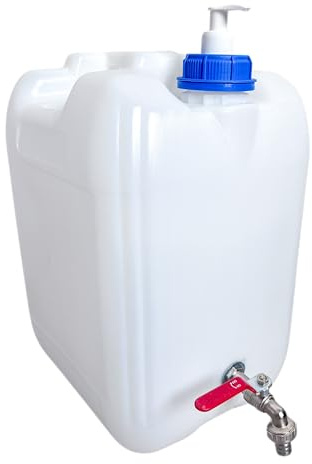 pokm toolsmarket - Wasserkanister mit 1/2 Hahn, Seifenspender 150 ml, Kanister für Trinkwasser, BPA-frei wasserbehälter, aus Kunststoff, Ideal für Camping, EU Produktion, Weiß - 20 Liter