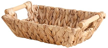 LONGERO Panier rectangulaire en jacinthe d'eau tissé à la main pour rangement, organisation et décoration, rectangulaire, avec poignées droites en bois, 1 paquet (petit)