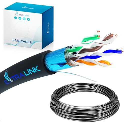EXTRALINK Cable Ethernet 50M CAT5e para exteriores, Cable Red LAN– 100% cobre, F/UTP apantallado, compatible con PoE, UV resistente, con funda exterior de PE duradera y resistente a la intemperie
