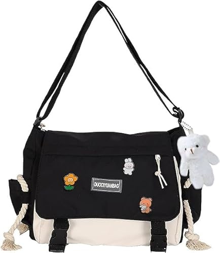 Bonita bolsa de mensajero para adolescentes y mujeres, bolso cruzado Kawaii con pines y colgante de peluche de regalo, 01 negro, As shown
