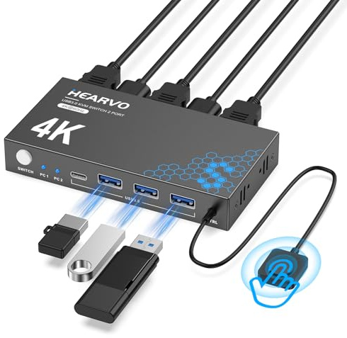 HDMI USB 3.0 KVM-switch, 1 bildskärmar, 2 datorer, 4K@60Hz KVM för 2 datorer, delning, bildskärm, tangentbord, mus, hårddiskar, skrivare, med EDID-adapter, 2USB-kabel och drivrutin