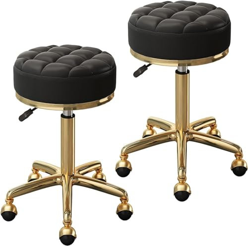 Rollhocker, Goldener Drehhocker, 2-teiliger runder Bäckereihocker, PU-Ledergewebe, Friseursalon-Spa-Hocker, Thekenhocker, verstellbar (Farbe: Schwarz)