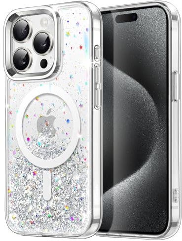 JETech Glitzer Hülle für iPhone 15 Pro 6,1 Zoll Kompatibel mit MagSafe, Klar Niedlich Klunker Funkeln für Frauen und Mädchen, Glänzend Stoßfest Magnetisch Handyhülle (Durchsichtig)