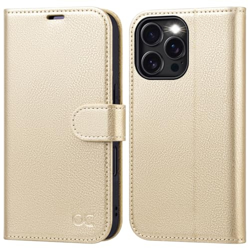 OCASE for iPhone 16 Pro Case, PU Leather Wallet, Gold | Magnetic Flip Folio Cover with RFID Blocking, Card Holders, Shockproof TPU, and Kickstand for 6.3 Inch iPhone 16 Pro (2024)