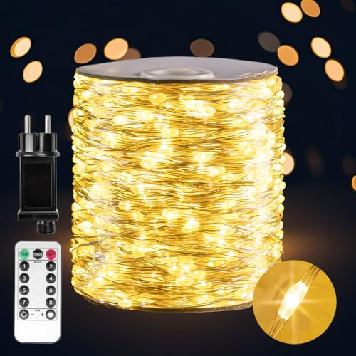 PCORES Die 50 Meter langen, 500 LED warmweißen silbernen Fairy Lights mit Fernbedienung – Lichterkette für Innen- und Außenbereich für Zimmer, Wohnzimmer, Terrasse, Veranda, Garten, Weihnachtsbaum