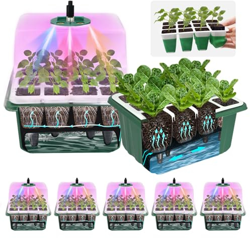 5PCS 60 Cell Self Watering Seed Starter Tray with Grow Light, Reusable Silicone Seed Starter Kit with Humidity Dome, 60 Cells Plant Germination Trays for Seeding Planting Growing（5-Pack 60-Cell）