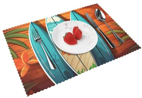 Platzdeckchen-Set, waschbar, für Esstisch, 30,5 x 45,7 cm, hitzebeständig, Surfbrett auf Holz, rutschfeste Tischmatten für Küche, Hochzeit, Party, Dekoration, Innen- und Außenbereich, 4 Stück