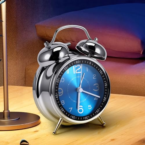 BTBHIHO 4'' Twin Bell Battery Operated Alarm Clocks,Silent Non-Ticking Bedside Alarm Clock with Soft Night Light,for Heavy Sleepers Children and Bedrooms(Blue)
