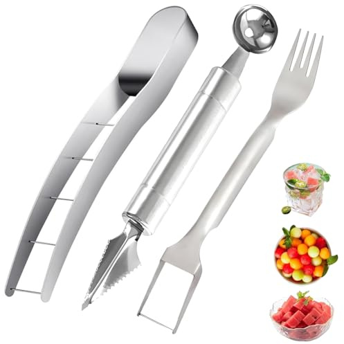 Wassermelonen Schneider, 3 Stück Melonenschneider Edelstahl, 2-in-1 Wassermelonen Gabel Schneider, Melonenausstecher Obstschneider, Melonenschneider für Obstsalat Wassermelone Cantaloupe Drachenfrucht