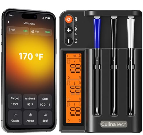 CulinaTech Smart Wireless Meat Thermometer with 3 Ultra-Thin Probes, Bluetooth Meat Thermometer probe with Dual Sensor, Backlight LCD Display and Smart App for BBQ, Grill, Oven, Smoker, Air Fryer