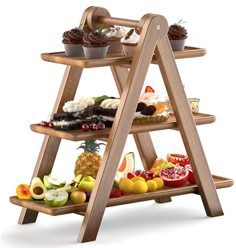 3 Tier Serving Tray, Wooden Rectangle Server Platters, Detachable Tiered Cupcake Stand, Cookie Fruit Dessert Tray, Reusable Food Trays for Wedding Display Party