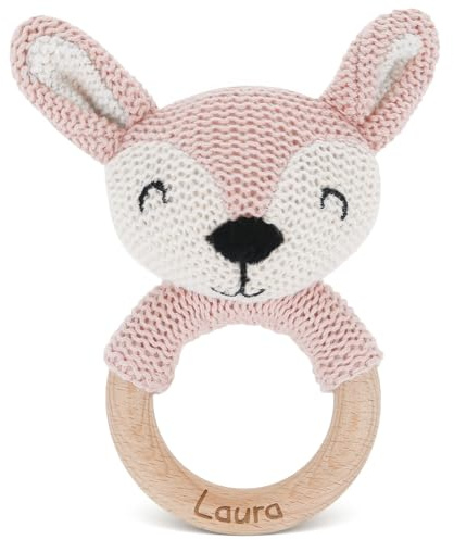 GRAVURZEILE Gravierter Beißring aus Holz - Reh Rosa - Personalisiert mit Name - Geschenk für Baby zur Geburt - Stofftier aus Baumwolle - Babyrassel - Taufgeschenk für Neugeborene Jungen & Mädchen