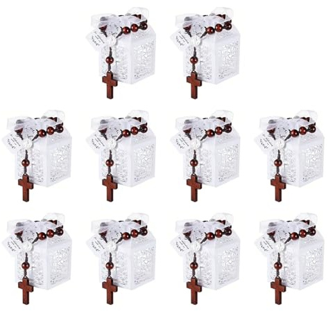 XuQiZZpp Set di gioielli in legno con croci e perline, braccialetti per battesimi, include scatola, sacchetto e biglietto di ringraziamento per baby shower
