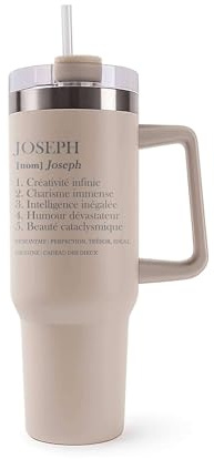 Mug Isotherme 1,2L - Joseph Définition Beige – Bouteille avec Anse, Paille et Couvercle – Idée Cadeau Gourde Personnalisée