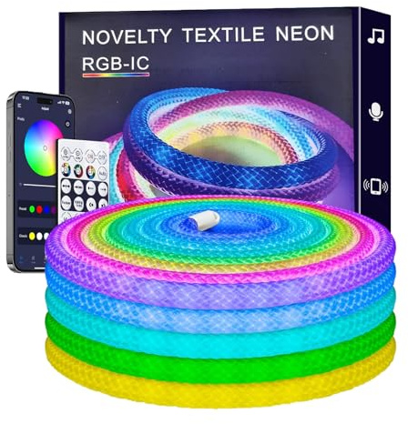 Neon Led Strip Lights, 3M 5V Bluetooth RGBIC LED Light Strip with App and Remote, DIY Braided Flexible Color Changing Neon Rope, Music Sync Rope Lights for Living Room, Bedroom, Wall Decoration (3M)