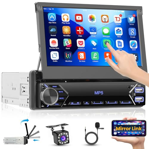 1 DIN Retráctil Pantalla Autoradio con 7 Pulgadas Plegable Pantalla Táctil | Auto Radio con Bluetooth Autoradio Soporta Mirror Link FM Radio Type-C USB AUX EQ Control al Volante y HD Cámara de Retroceso