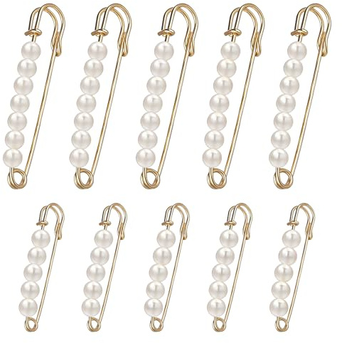 10 Pcs Large Safety Pins with Pearl, Gold Strong Safety Pins for Clothes, Modesty Pins for Clothes Sweater Shawl Skirts Dress Hat Decorations, Heavy Duty Decorative Kilt Pin for Shawls & Cardigan