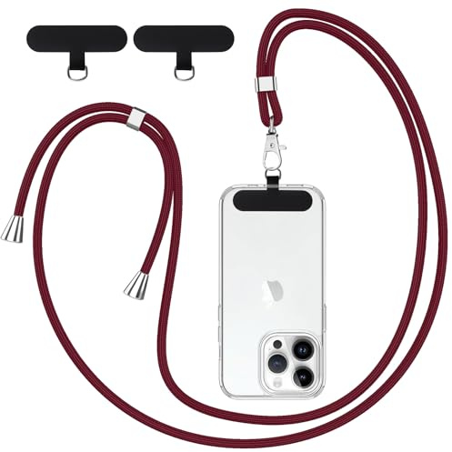 Knrlqim Cordon Telephone Portable Universelle avec 2 Patchs, Réglable Collier Lanière de Téléphone Portable 1,6m Adjustable, Compatibles avec Plupart des Smartphones, Vin Rouge