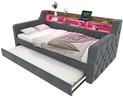 Ligterra Daybed 90x190 cm, Tagesbett Ausziehbett mit Stauraum, LED-Ambiente & USB-C-Anschluss, Lattenroste & Stabiler Metall-Holz-Rahmen, Samtstoff, Ohne Matratze(Dunkelgrau)