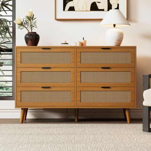 Merax Buffet - Élégante commode rétro avec tiroirs en rotin et pieds en bois massif, 120 cm, noyer, beaucoup d'espace de stockage, idéal comme armoire de salon ou armoire de cuisine