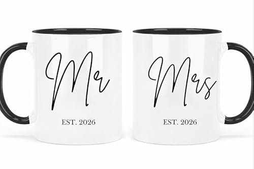 UNIQUEPGIFTS Mr and Mrs Coffee Mugs Set, Bride and Groom Wedding Gift, EST. 2026, Newlywed Present, Anniversary Keepsake, His and Hers, Black and White, Set of 2