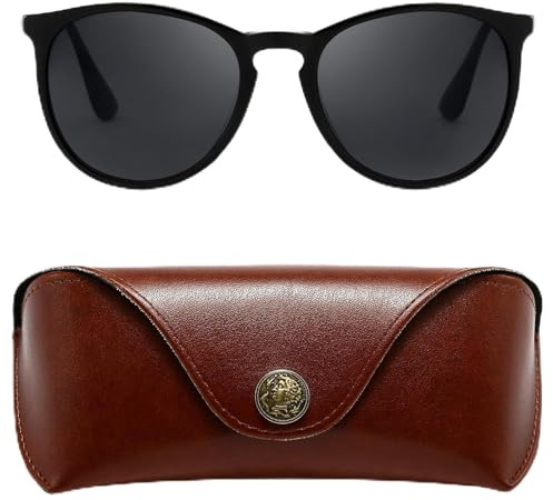 SUNGAIT Schwarze Vintage-Sonnenbrille (rund) + Etui