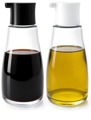 GEZVCMO 2 Pcs Glass Soy Sauce Dispenser Bottle, 10 oz Leak-Proof Oil & Vinegar Cruet, Multi-Purpose Clear Glass Container with Spout for Olive Oil, BBQ Sauce, Kitchen Cooking and Table Use