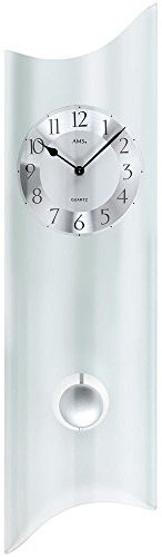 AMS Pendel-Wanduhr aus Glas mit Metall-Ziffernblatt, moderne Optik, analog und mit Quarz-Uhrwerk, silbernes Pendel