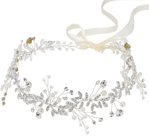 SWEETV Crystal Bridal Headpiece Silver Wedding Headband for Brides Pearl Hair Vine Rhinestone Hair Accessories for Women